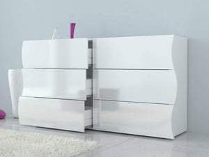 Comò ondulato, Made in Italy, Mobiletto per Soggiorno e Camera, Credenza 6 cassetti, Bianco lucido, cm 155x40h82