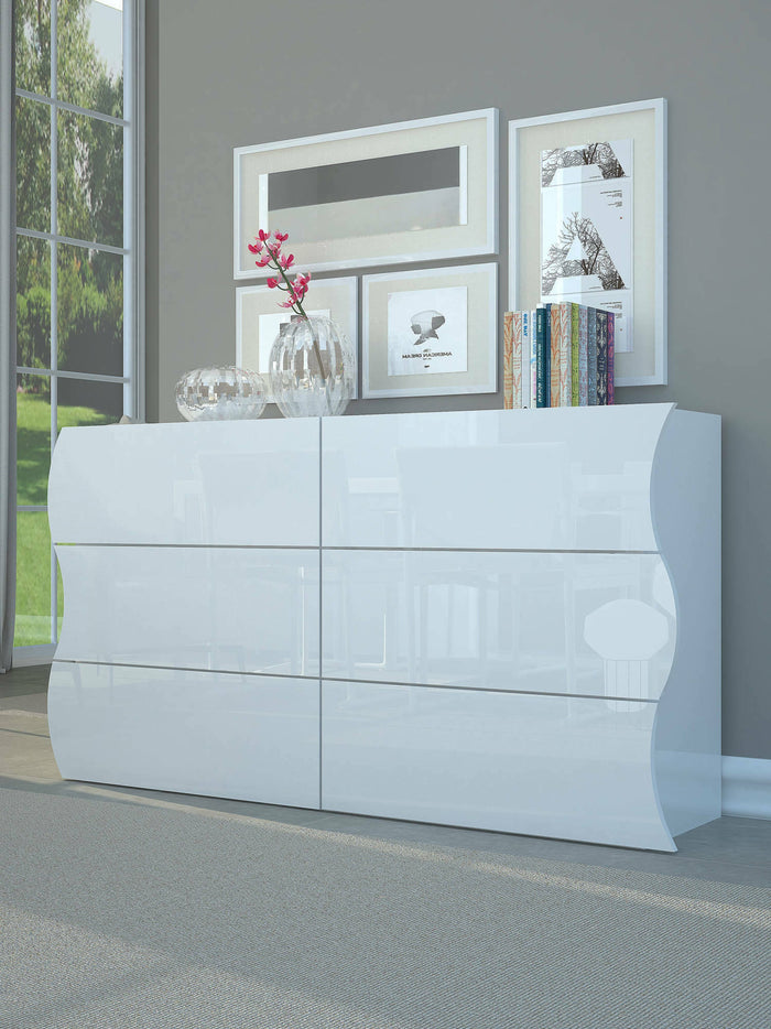 Comò ondulato, Made in Italy, Mobiletto per Soggiorno e Camera, Credenza 6 cassetti, Bianco lucido, cm 155x40h82