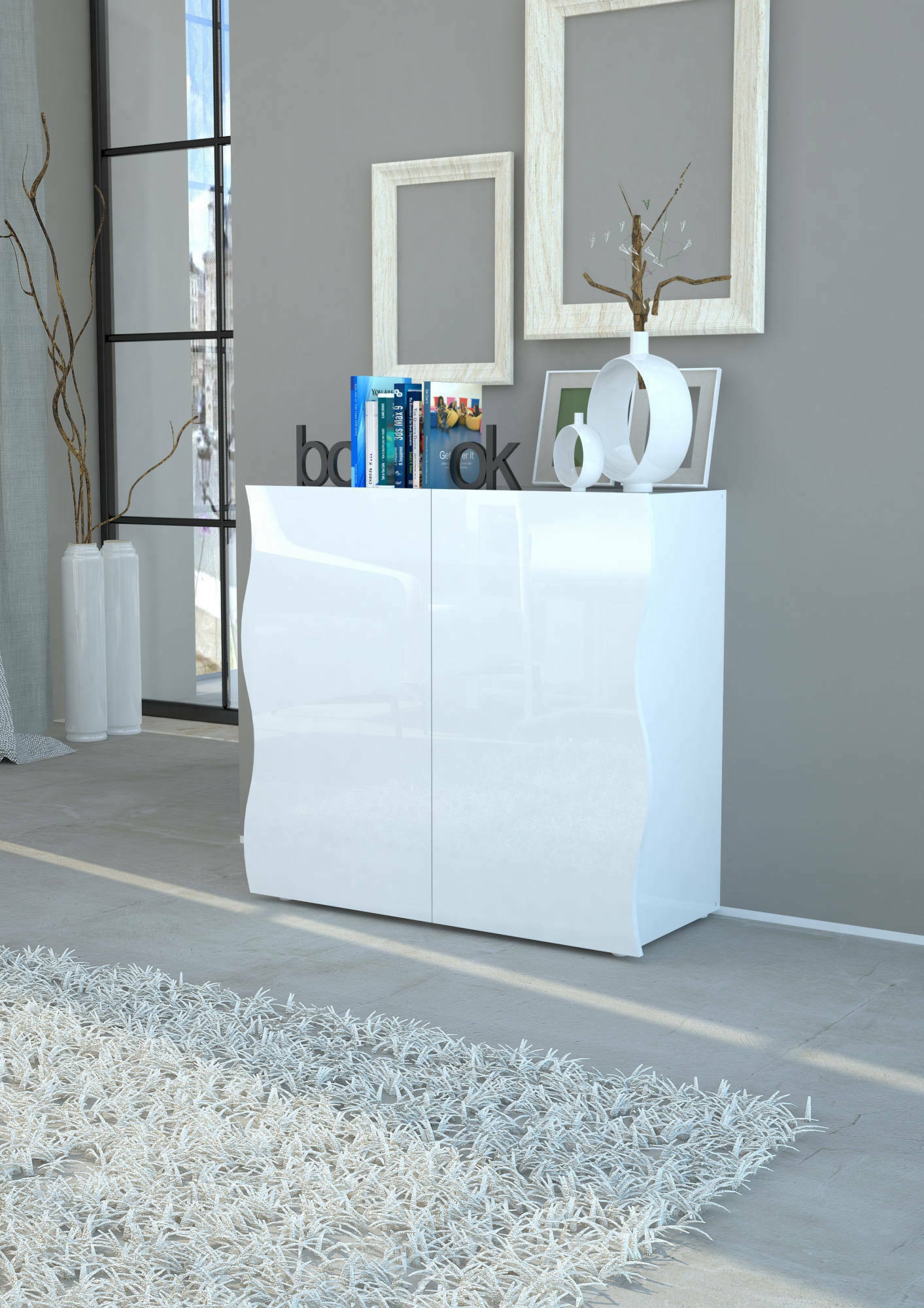 Credenza moderna, Madia di design Mobile a 2 ante, Made in Italy, Mobile Porta TV, Buffet da soggiorno, cm 90x40h81, colore Bianco lucido