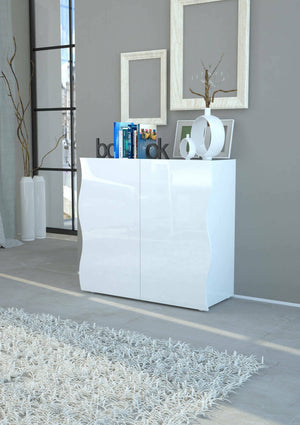 Credenza moderna, Madia di design Mobile a 2 ante, Made in Italy, Mobile Porta TV, Buffet da soggiorno, cm 90x40h81, colore Bianco lucido