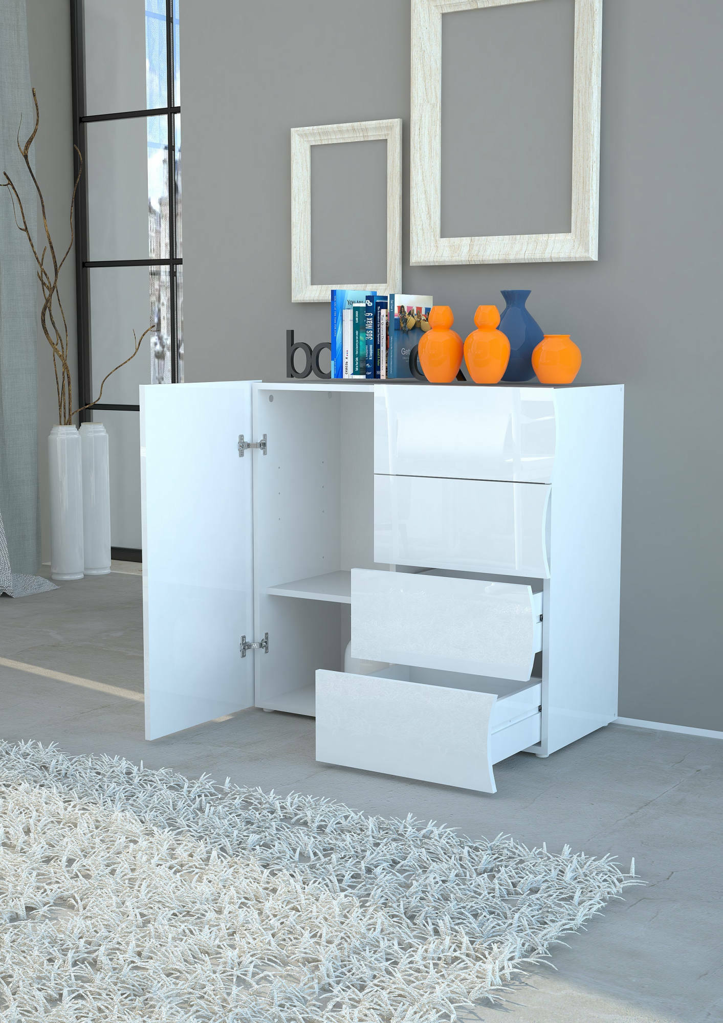 Credenza moderna, Madia di design, a 1 anta e 4 cassetti, Made in Italy, Mobile Porta TV, Buffet da soggiorno, cm 90x40h81, colore Bianco lucido