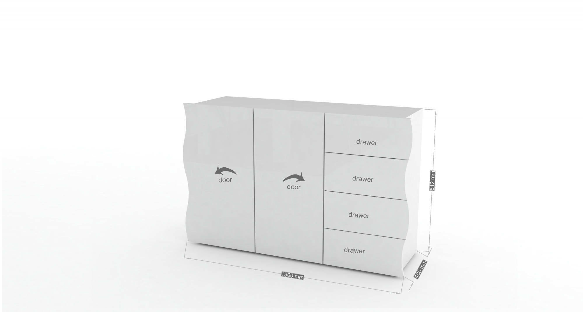 Credenza ondulata, Madia di design a 2 ante e 4 cassetti, Made in Italy, Mobile Porta TV, Buffet da soggiorno, cm 124x40h81, colore Bianco lucido