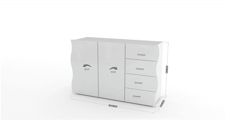 Credenza ondulata, Madia di design a 2 ante e 4 cassetti, Made in Italy, Mobile Porta TV, Buffet da soggiorno, cm 124x40h81, colore Bianco lucido