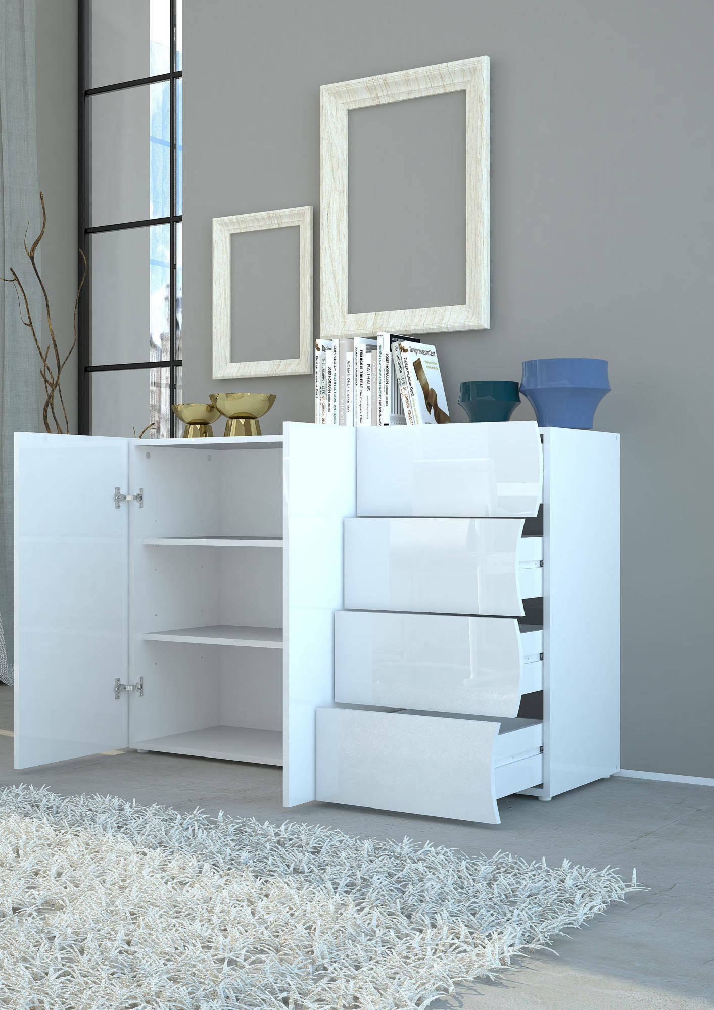 Credenza ondulata, Madia di design a 2 ante e 4 cassetti, Made in Italy, Mobile Porta TV, Buffet da soggiorno, cm 124x40h81, colore Bianco lucido