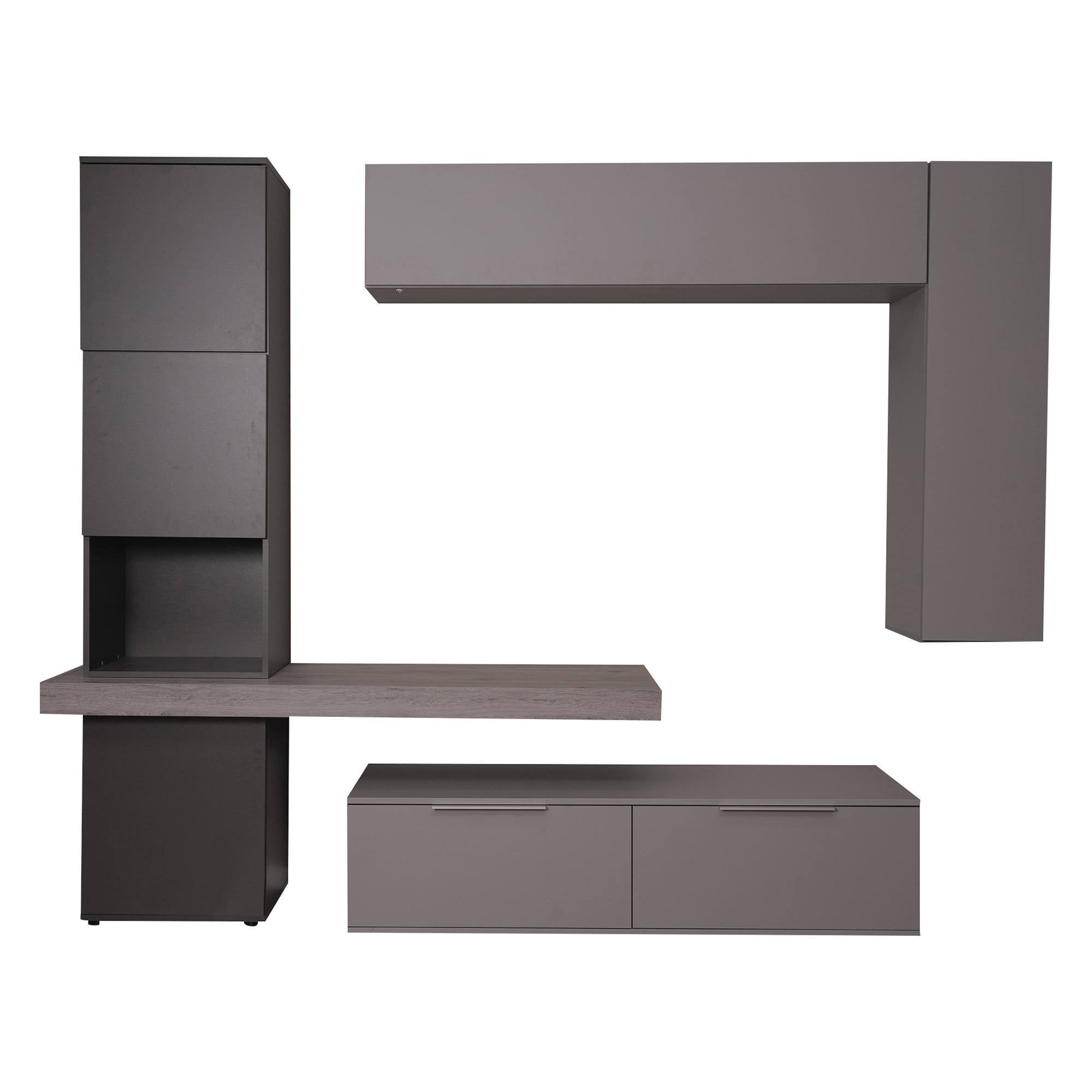 Parete attrezzata Carreno, Mobile porta TV moderno con Ante e ripiani, Set salotto completo con pensili, Cm 150x49h38, Grigio e Antracite