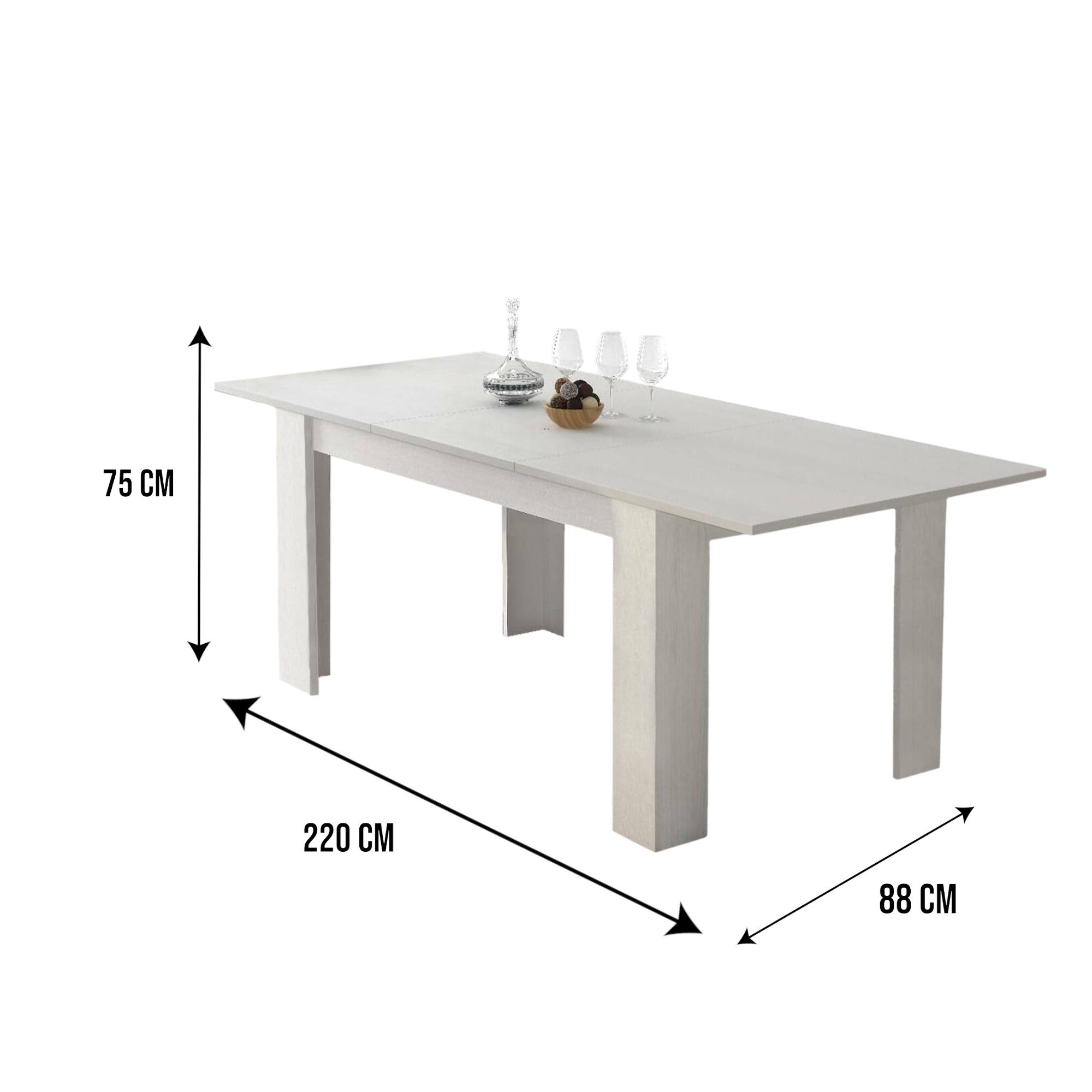 Tavolo allungabile Albatera, Tavolo da pranzo estensibile, Consolle multiuso con allunghe, Cm 140x88h75, Bianco