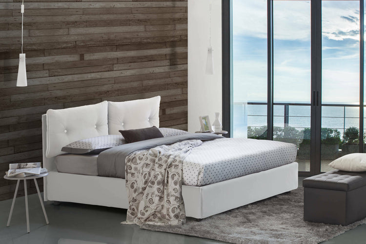 Letto piazza e mezza Noemi, Letto contenitore con rivestimento in ecopelle, Made in Italy, Apertura frontale, adatto per materasso cm 120x190, Bianco