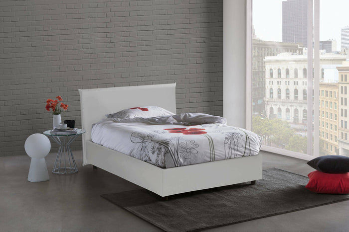 Letto piazza e mezza Ascenza, Letto contenitore con rivestimento in ecopelle, Made in Italy, Apertura frontale, con materasso cm 120x190 incluso, Bianco