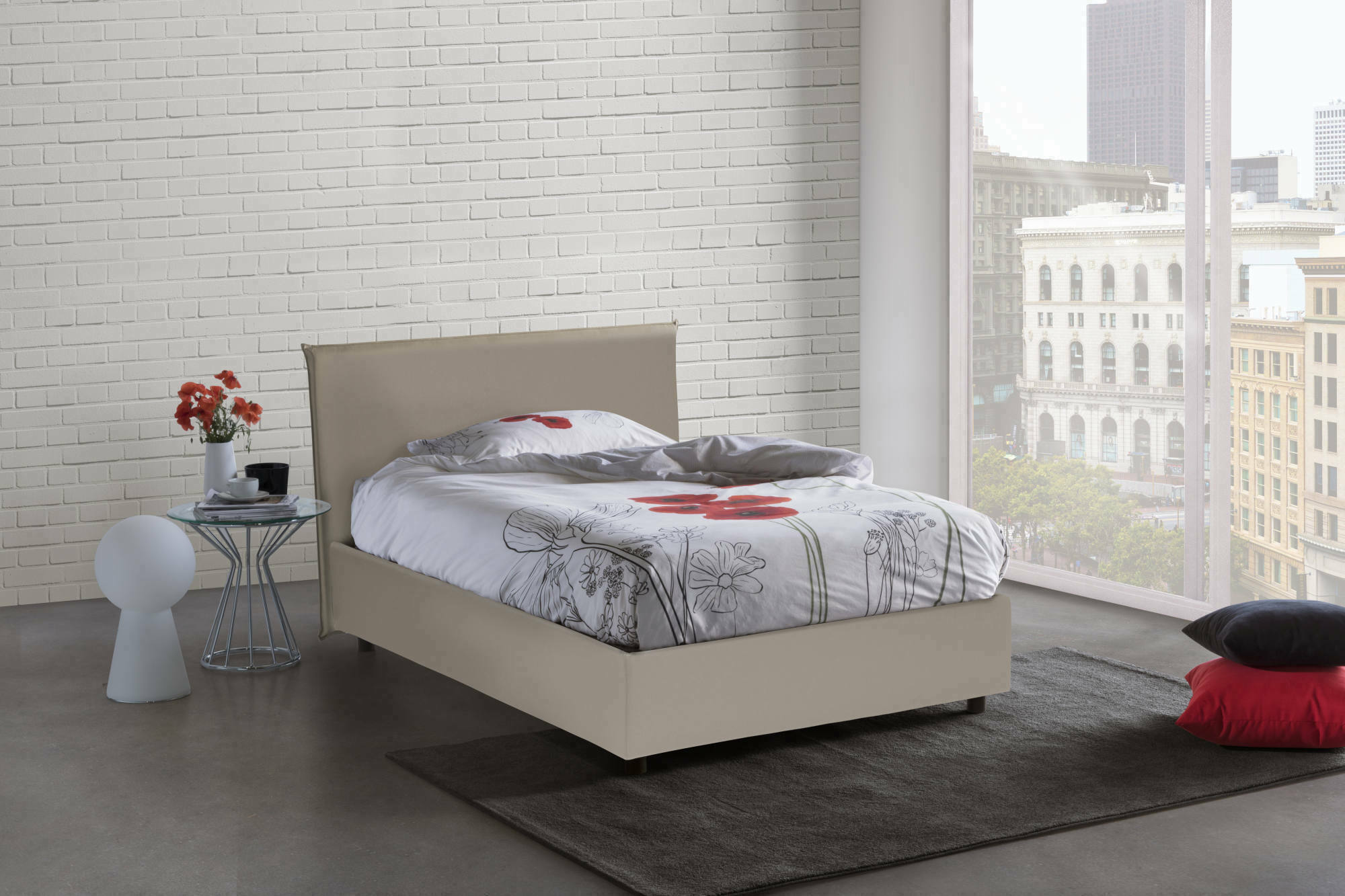 Letto piazza e mezza Artemisia, Letto contenitore con rivestimento in ecopelle, Made in Italy, Apertura frontale, adatto per materasso cm 120x190, Tortora