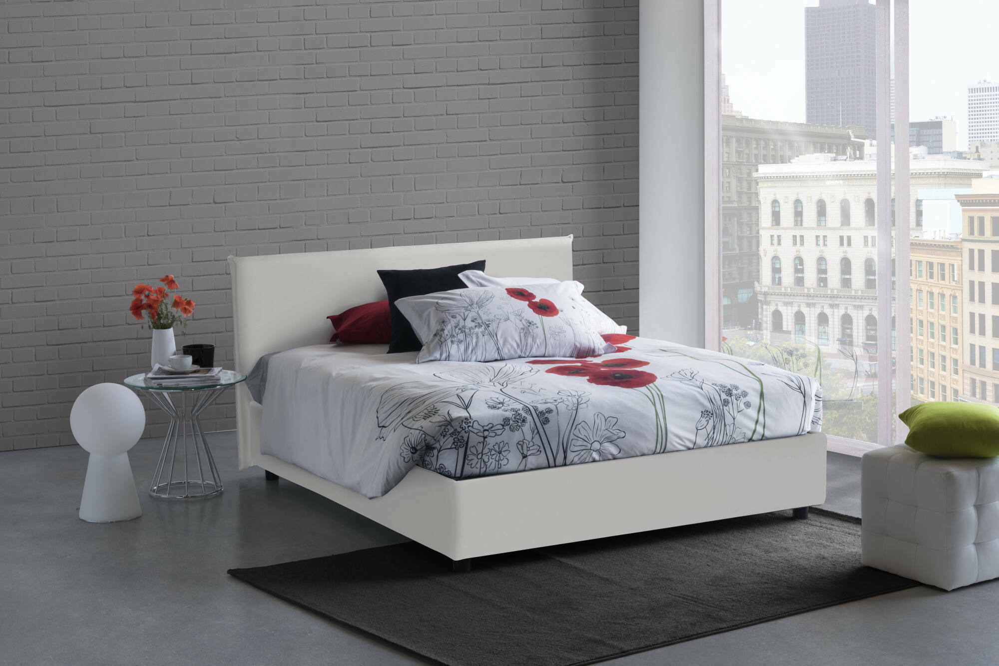 Letto matrimoniale Bice, Letto contenitore con rivestimento in ecopelle, Made in Italy, Apertura frontale, adatto per materasso cm 160x200, Bianco