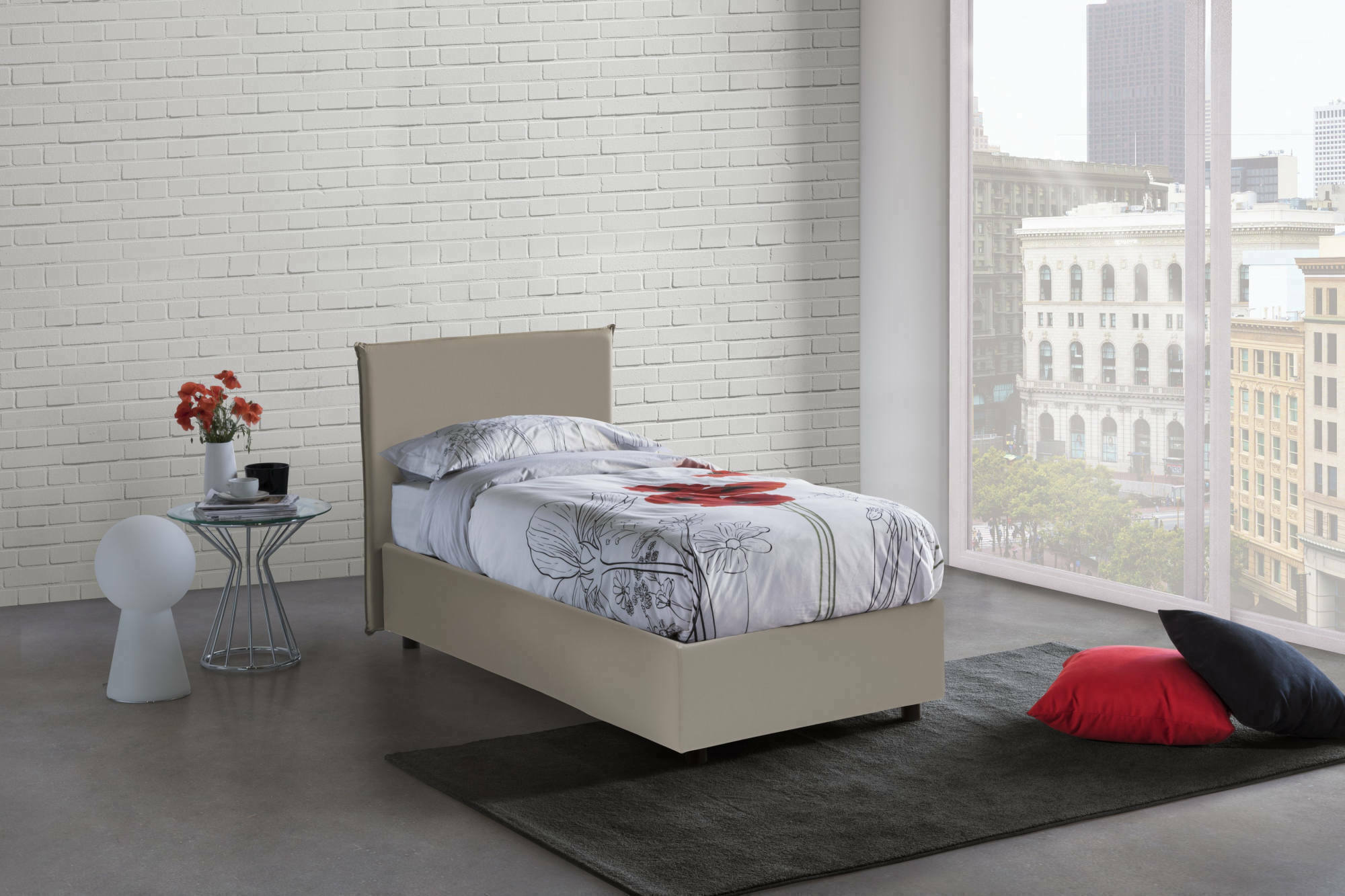 Letto singolo Brigitta, Letto contenitore con rivestimento in ecopelle, Made in Italy, Apertura frontale, con materasso cm 80x190 incluso, Tortora