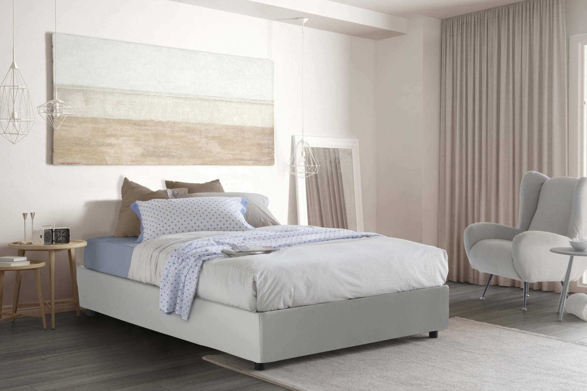 Letto piazza e mezza Greta, Letto contenitore con rivestimento in ecopelle, Made in Italy, Apertura laterale, con materasso cm 120x190 incluso, Bianco