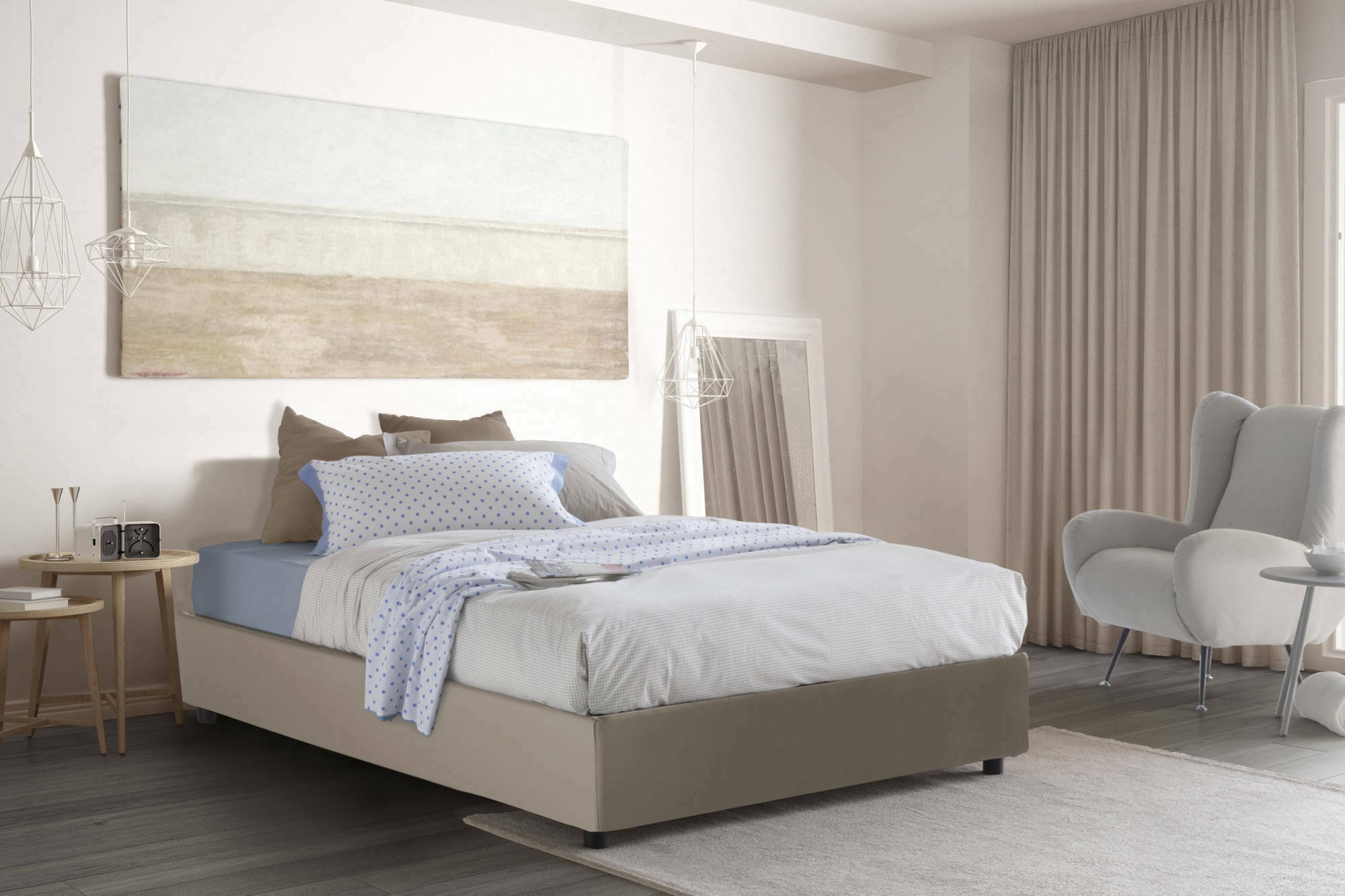 Letto piazza e mezza Greta, Letto contenitore con rivestimento in ecopelle, Made in Italy, Apertura laterale, con materasso cm 120x190 incluso, Tortora