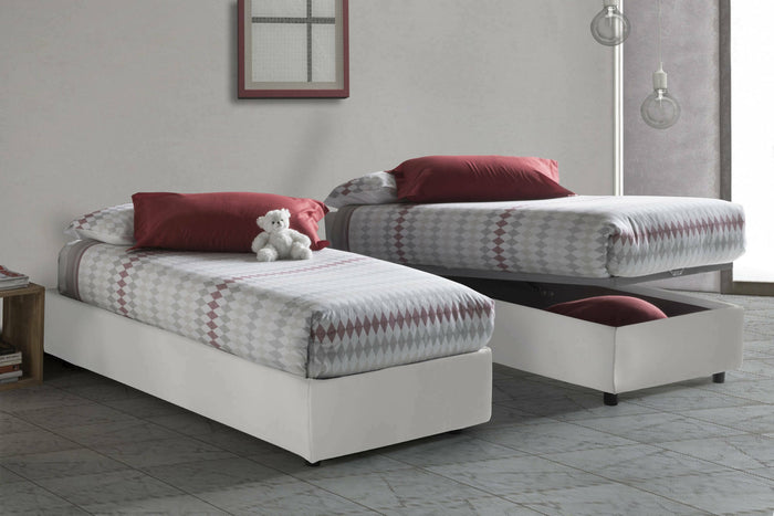 Letto singolo Eleonora, Letto contenitore con rivestimento in ecopelle, Made in Italy, Apertura frontale, con materasso cm 80x190 incluso, Bianco