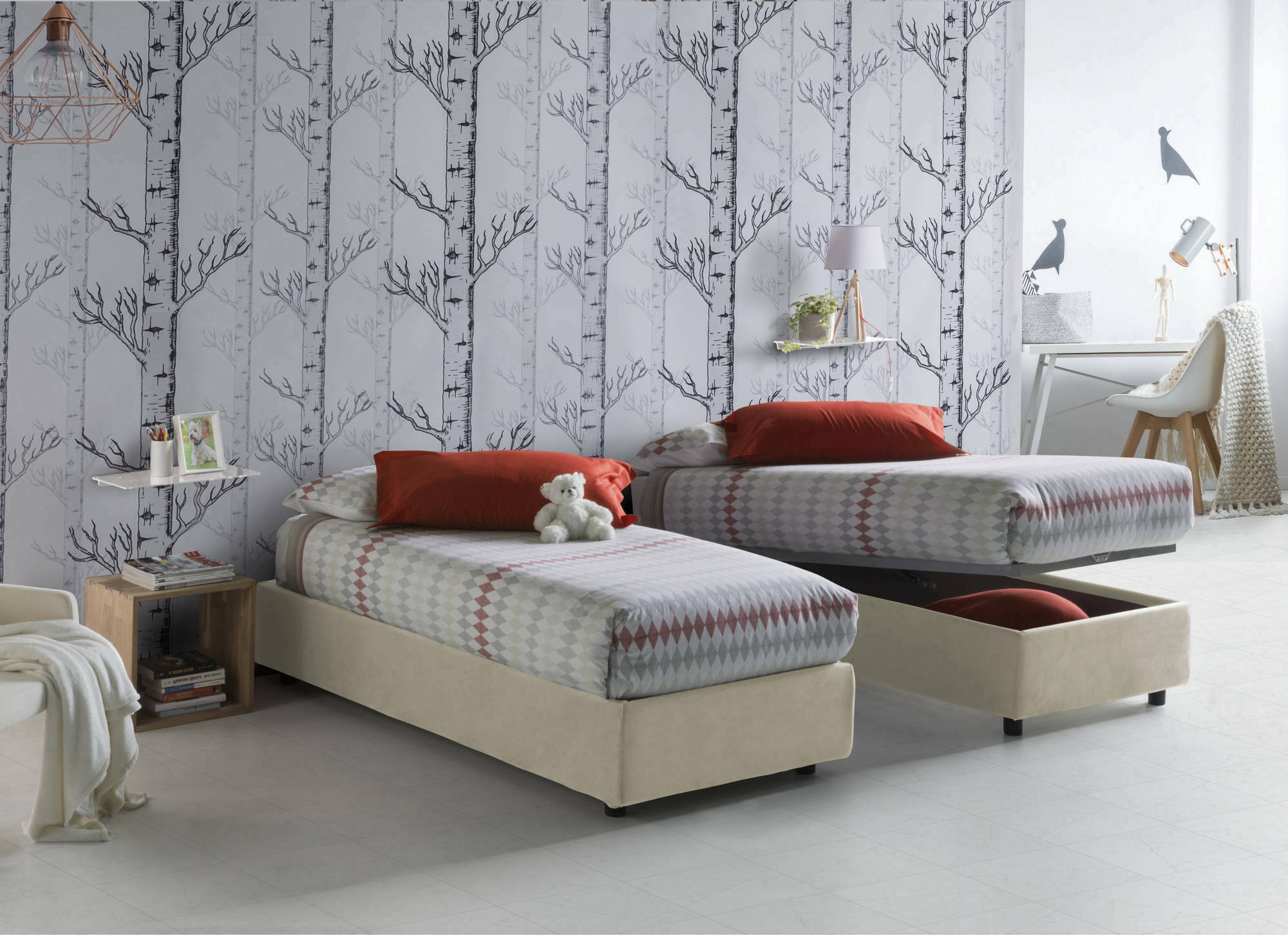 Letto singolo Caterina, Letto contenitore con rivestimento in tessuto, Made in Italy, Apertura frontale, adatto per materasso cm 80x200, Beige