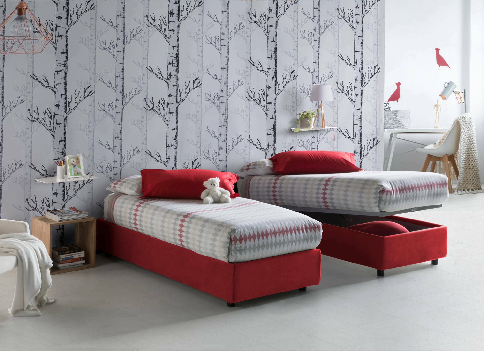 Letto singolo Caterina, Letto contenitore con rivestimento in tessuto, Made in Italy, Apertura frontale, adatto per materasso cm 80x200, Rosso