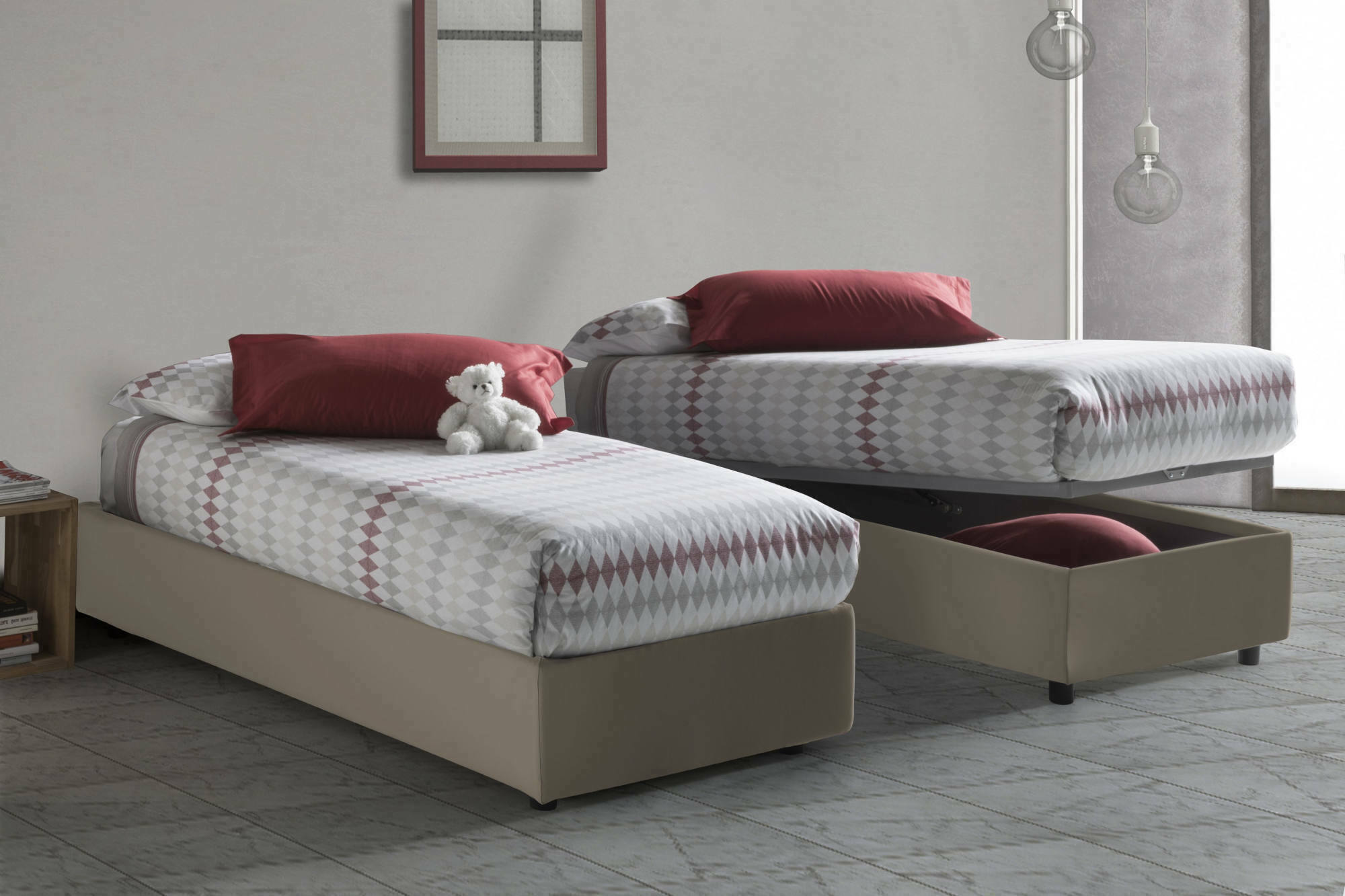 Letto singolo Laura, Letto contenitore con rivestimento in tessuto, Made in Italy, Apertura frontale, adatto per materasso cm 90x200, Tortora