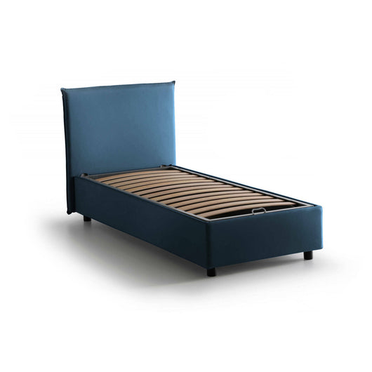 Letto singolo Cassiopea, Letto contenitore con rivestimento in tessuto, Made in Italy, Apertura frontale, adatto per materasso cm 80x200, Blu