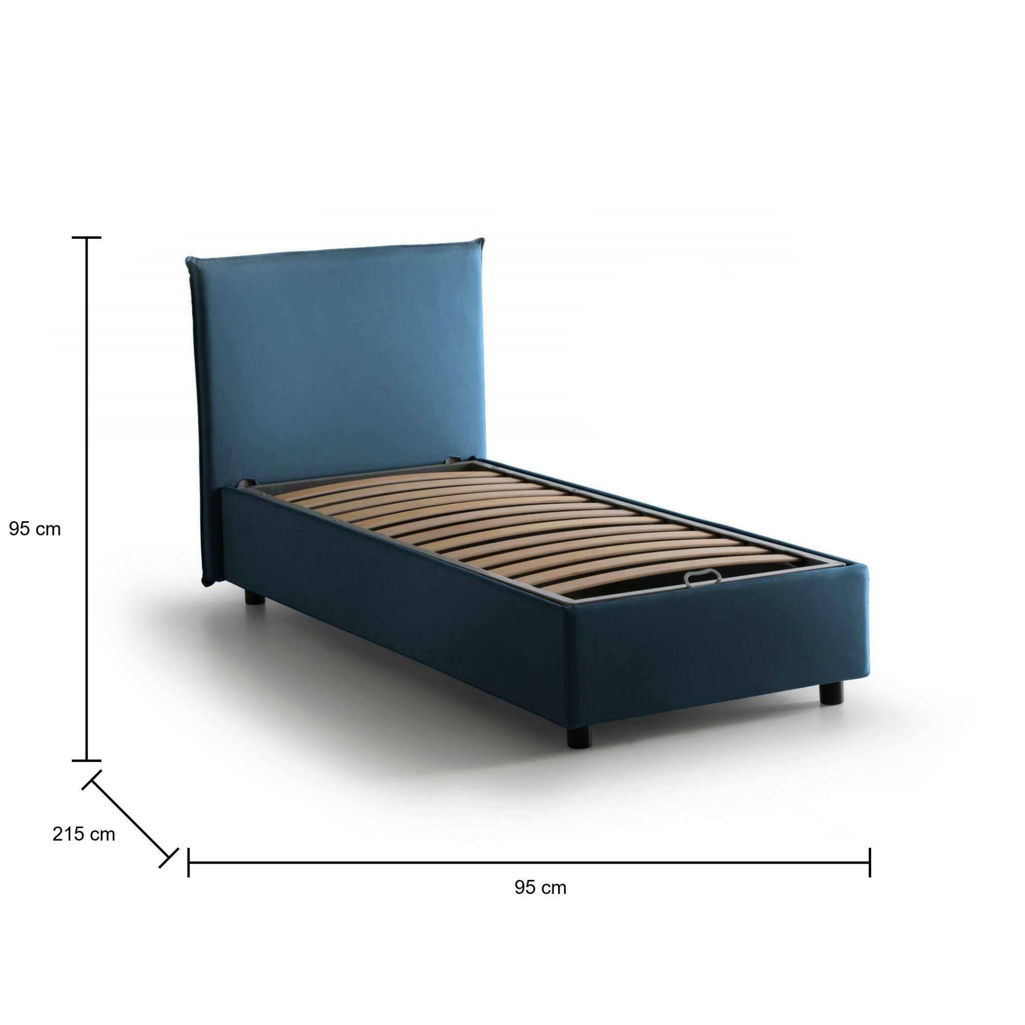 Letto singolo Cassiopea, Letto contenitore con rivestimento in tessuto, Made in Italy, Apertura frontale, adatto per materasso cm 80x200, Blu