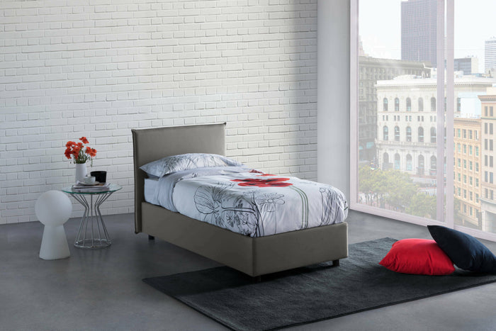 Letto singolo Chelsea, Letto contenitore con rivestimento in tessuto, Made in Italy, Apertura frontale, adatto per materasso cm 90x190, Grigio