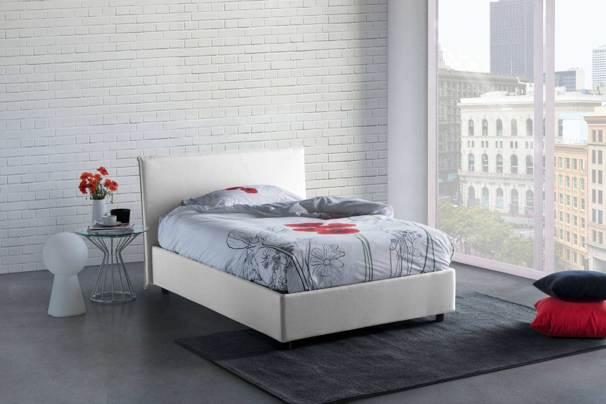 Letto piazza e mezza Astrid, Letto contenitore con rivestimento in tessuto, Made in Italy, Apertura frontale, adatto per materasso cm 120x200, Bianco