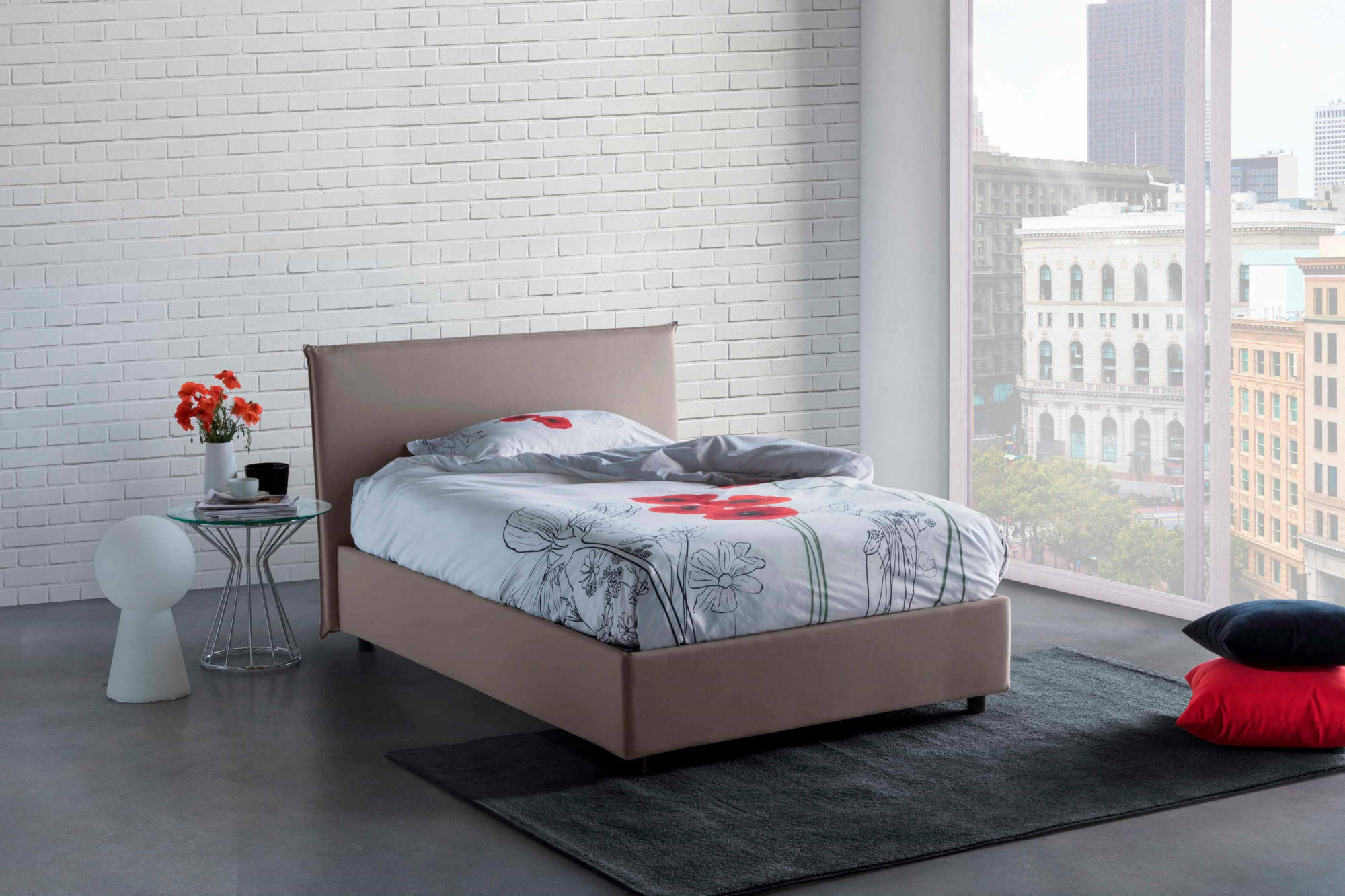 Letto piazza e mezza Astrid, Letto contenitore con rivestimento in tessuto, Made in Italy, Apertura frontale, adatto per materasso cm 120x200, Tortora