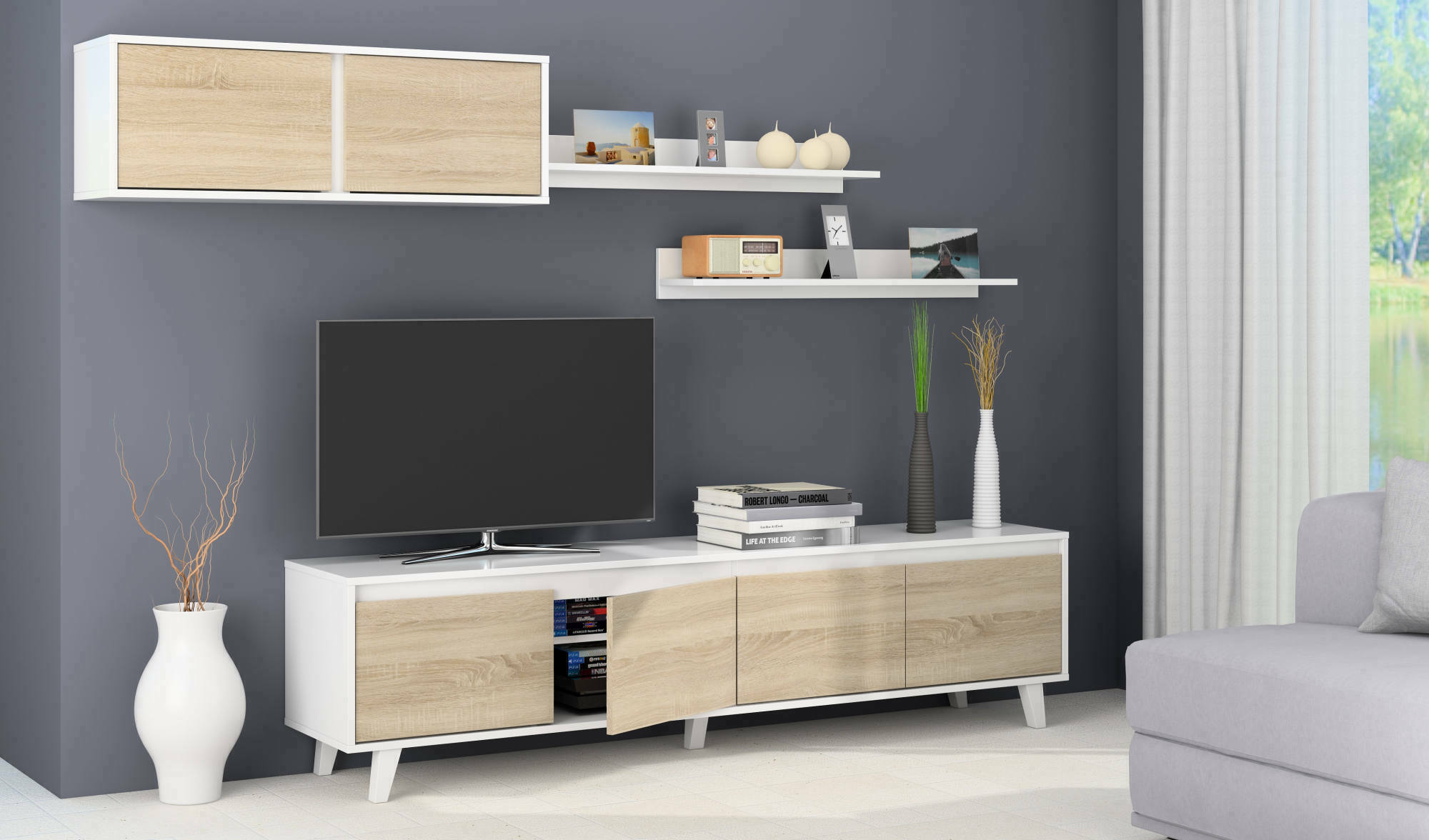 Parete attrezzata Orlando, Mobile da soggiorno porta TV, Composizione per salotto con pensile e mensola, cm 200x50h41, Bianco e Rovere