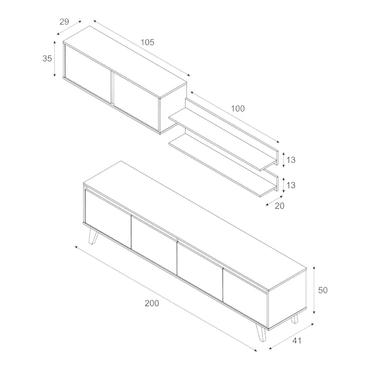 Parete attrezzata Orlando, Mobile da soggiorno porta TV, Composizione per salotto con pensile e mensola, cm 200x50h41, Bianco e Rovere