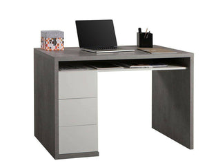 Scrivania per ufficio e studio, Tavolo da computer minimal, Scrittoio per lavoro con 3 cassetti, Made in Italy, cm 110x60h75, colore Cemento e Bianco