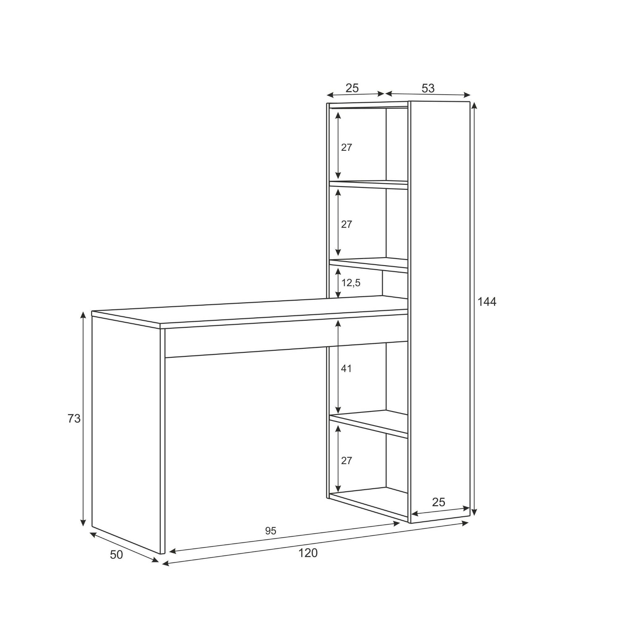 Scrivania Denton, Scrittoio reversibile con libreria a 5 ripiani, Tavolo da studio o ufficio porta PC portalibri, cm 120x53h144, Bianco e Rovere