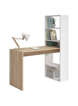 Scrivania Denton, Scrittoio reversibile con libreria a 5 ripiani, Tavolo da studio o ufficio porta PC portalibri, cm 120x53h144, Bianco e Rovere