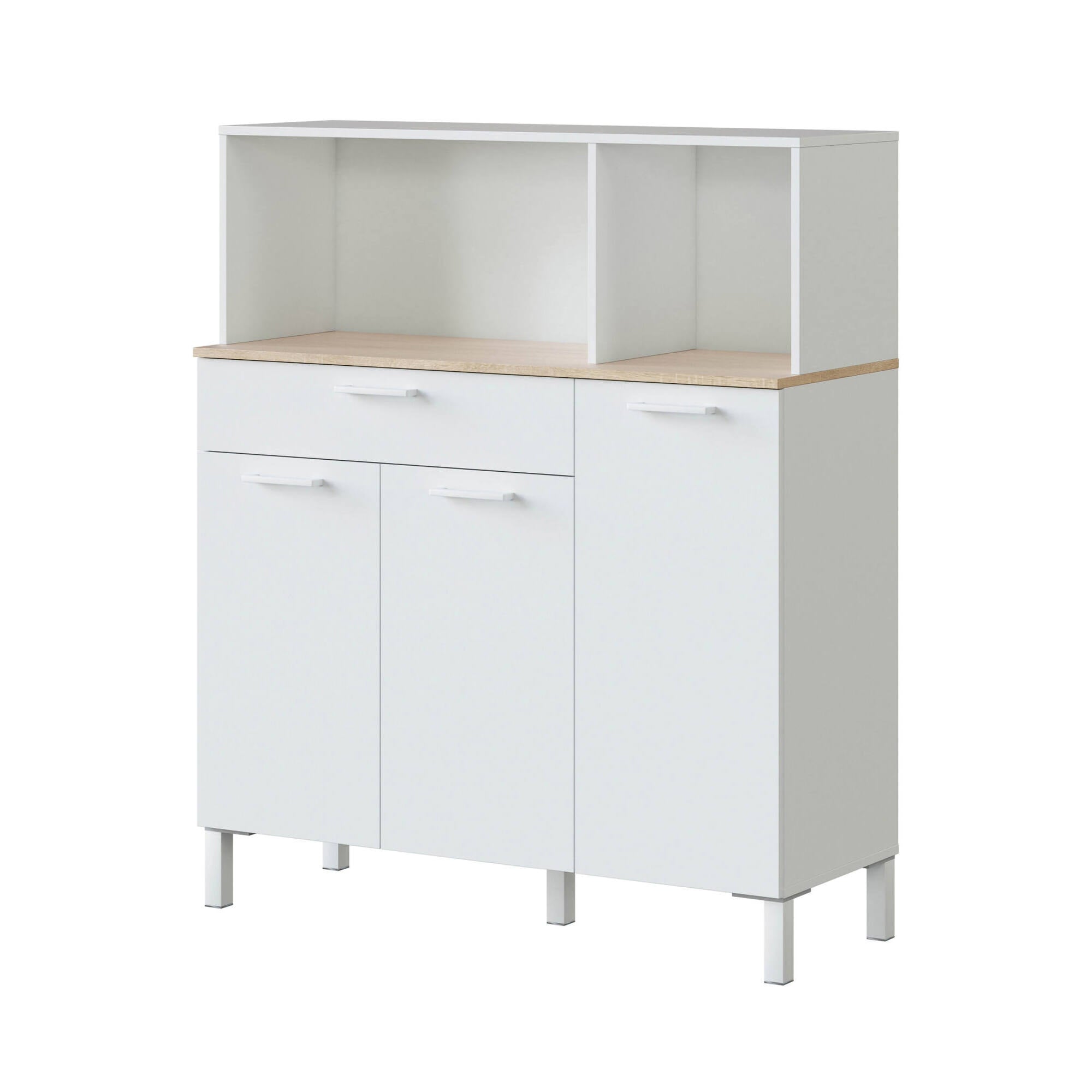 Armadio multiuso Norfolk, Mobile ausiliario da cucina, Credenza a 3 ante e 1 cassetto con ripiani, Armadio aperto, cm 108x40h126, Bianco e Rovere