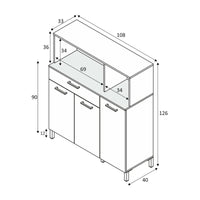 Armadio multiuso Norfolk, Mobile ausiliario da cucina, Credenza a 3 ante e 1 cassetto con ripiani, Armadio aperto, cm 108x40h126, Bianco e Rovere