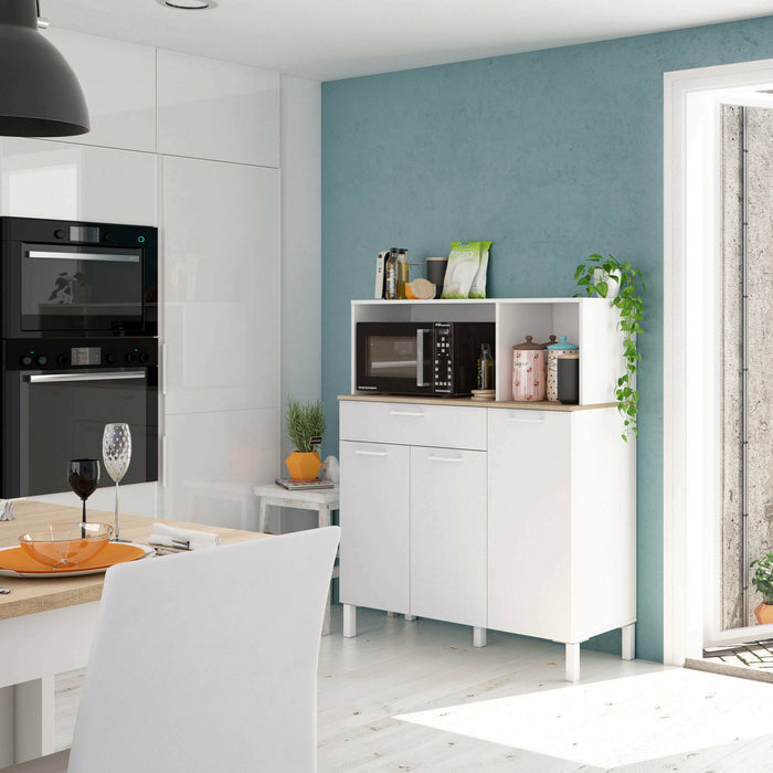 Armadio multiuso Norfolk, Mobile ausiliario da cucina, Credenza a 3 ante e 1 cassetto con ripiani, Armadio aperto, cm 108x40h126, Bianco e Rovere