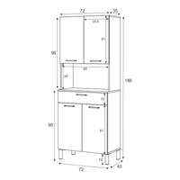 Armadio multiuso Chandler, Mobile ausiliario da cucina, Credenza a 4 ante e 1 cassetto con ripiani, Armadio aperto, cm 72x40h186, Bianco e Rovere