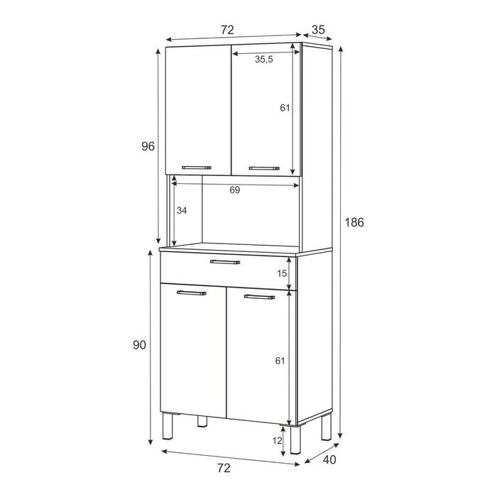 Armadio multiuso Chandler, Mobile ausiliario da cucina, Credenza a 4 ante e 1 cassetto con ripiani, Armadio aperto, cm 72x40h186, Bianco e Rovere