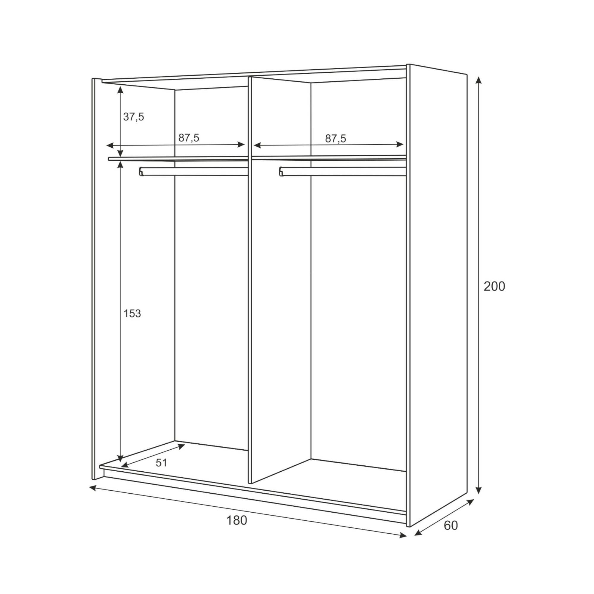 Guardaroba Elgin, Armadio per camera da letto a 2 ante scorrevoli, Mobile con barra appendiabiti e 3 ripiani, cm 180X60h200, Bianco e Rovere