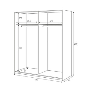 Guardaroba Elgin, Armadio per camera da letto a 2 ante scorrevoli, Mobile con barra appendiabiti e 3 ripiani, cm 180X60h200, Bianco e Rovere