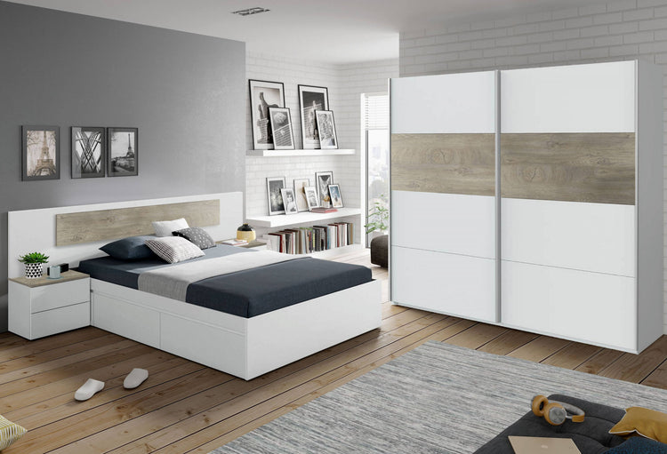 Guardaroba Elgin, Armadio per camera da letto a 2 ante scorrevoli, Mobile con barra appendiabiti e 3 ripiani, cm 180X60h200, Bianco e Rovere