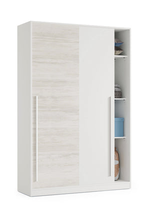 Guardaroba Downey, Armadio per camera da letto a 2 ante scorrevoli, Mobile con barra appendiabiti e 3 ripiani, cm 120x50h200, Bianco anticato