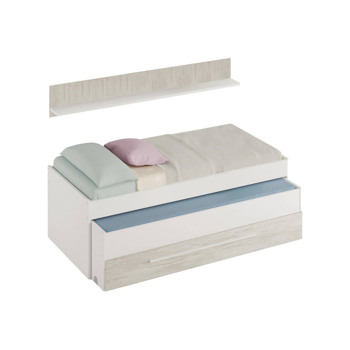 Letto singolo Sunnyvale, Struttura letto per cameretta, Letto singolo con lettino estraibile e cassettone e mensola abbinata, cm 199x96h65, Bianco