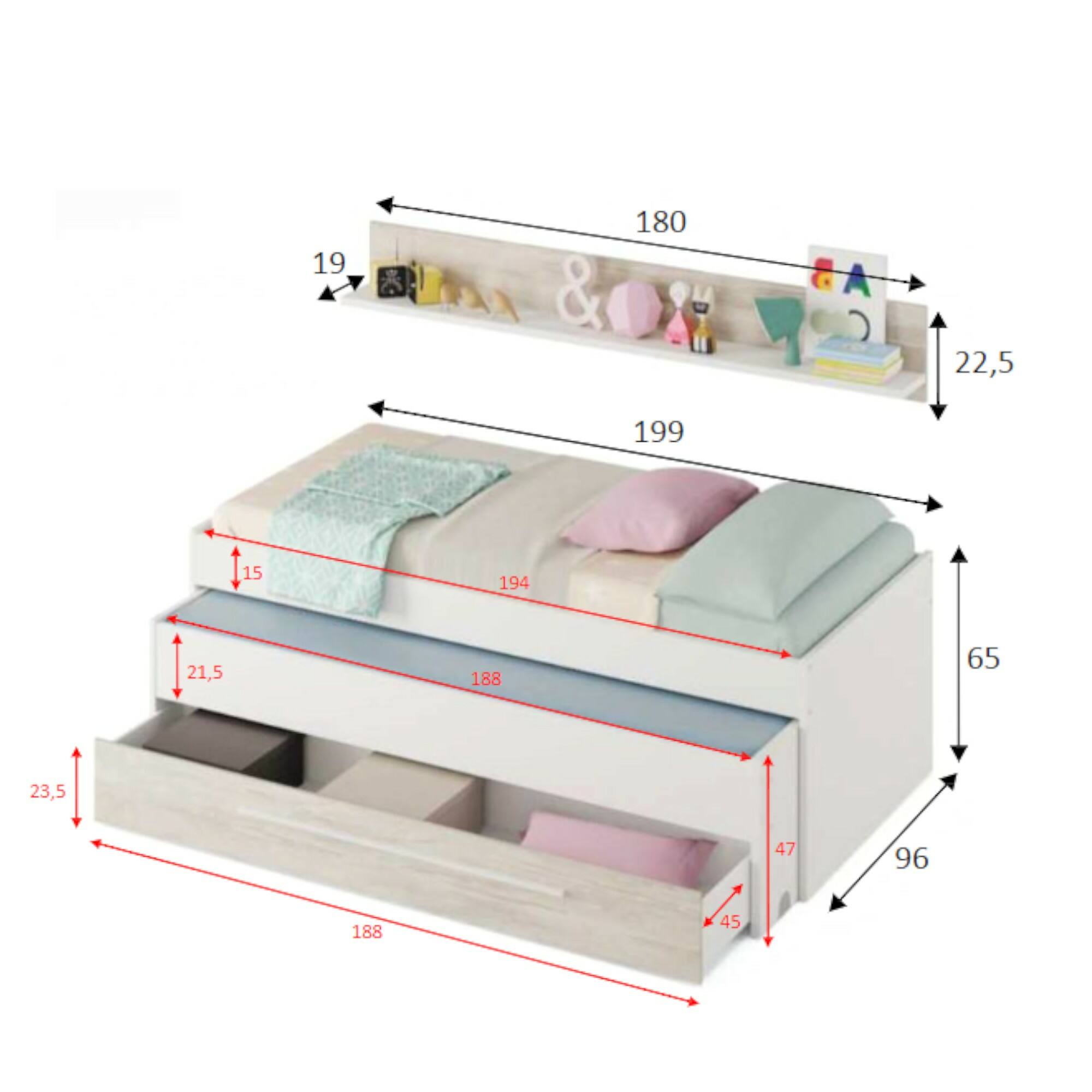 Letto singolo Sunnyvale, Struttura letto per cameretta, Letto singolo con lettino estraibile e cassettone e mensola abbinata, cm 199x96h65, Bianco