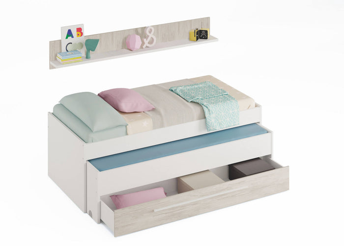 Letto singolo Sunnyvale, Struttura letto per cameretta, Letto singolo con lettino estraibile e cassettone e mensola abbinata, cm 199x96h65, Bianco