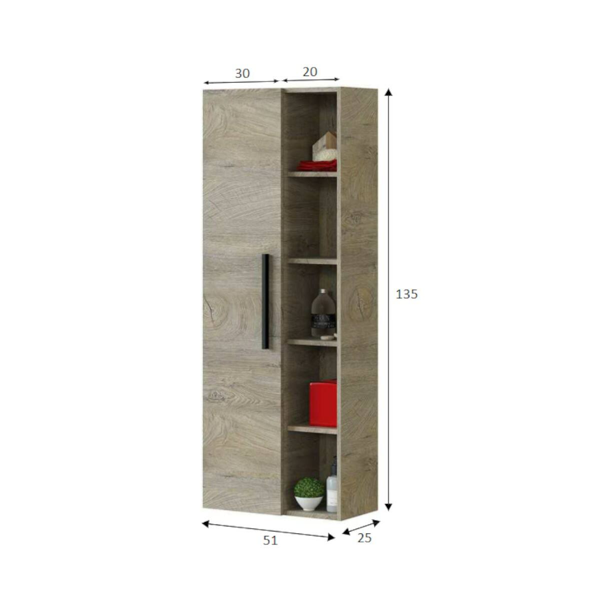 Colonna Bagno LosAngeles, Mobile a colonna per bagno a 1 anta, Armadio pensile sospeso con 5 ripiani, cm 51x25h135, Rovere