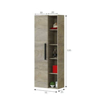 Colonna Bagno LosAngeles, Mobile a colonna per bagno a 1 anta, Armadio pensile sospeso con 5 ripiani, cm 51x25h135, Rovere