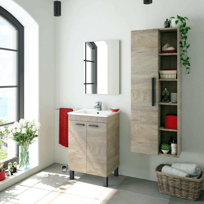 Colonna Bagno LosAngeles, Mobile a colonna per bagno a 1 anta, Armadio pensile sospeso con 5 ripiani, cm 51x25h135, Rovere