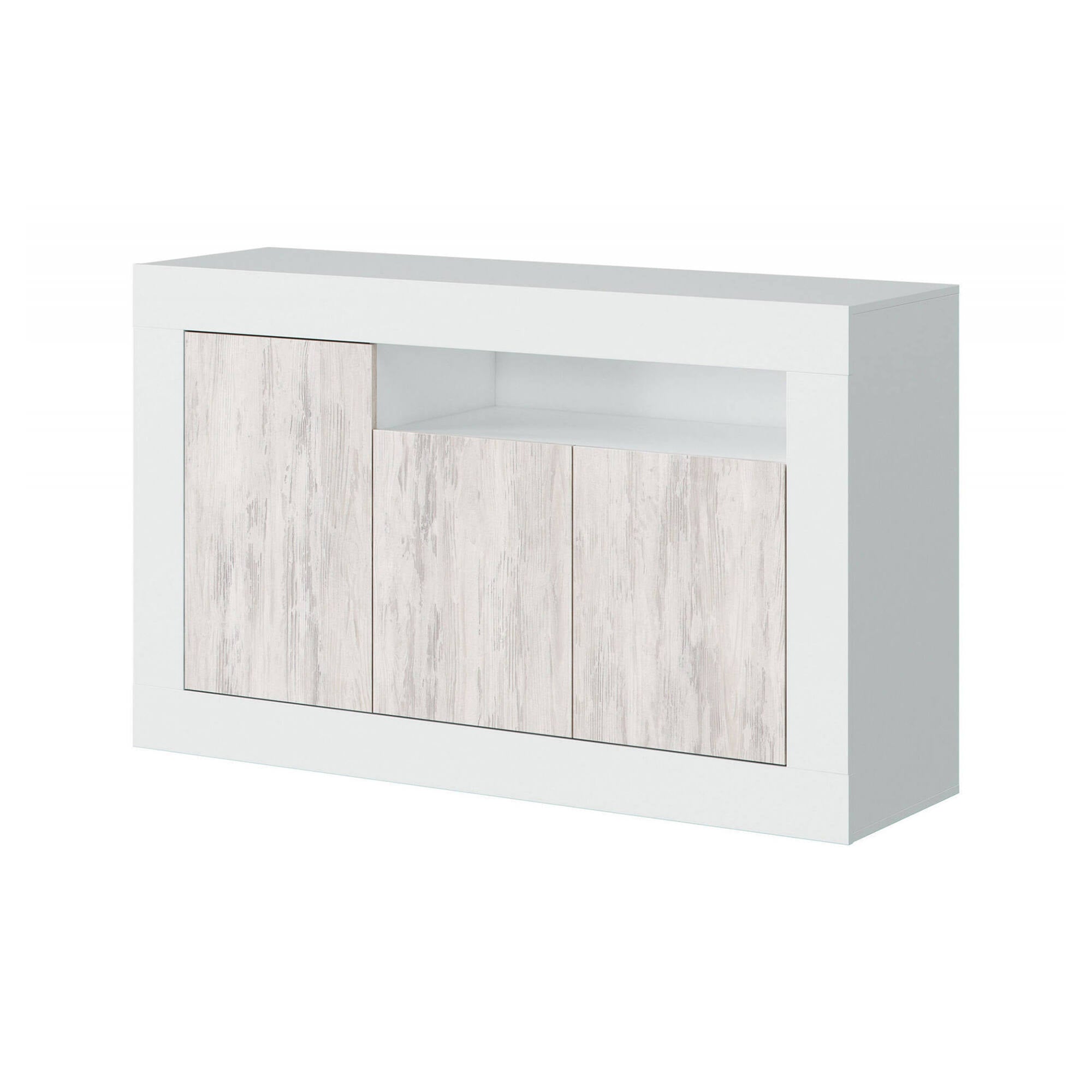 Credenza Thornton, Madia moderna a 3 ante, Buffet da soggiorno porta TV, cm 144x42h87, Bianco