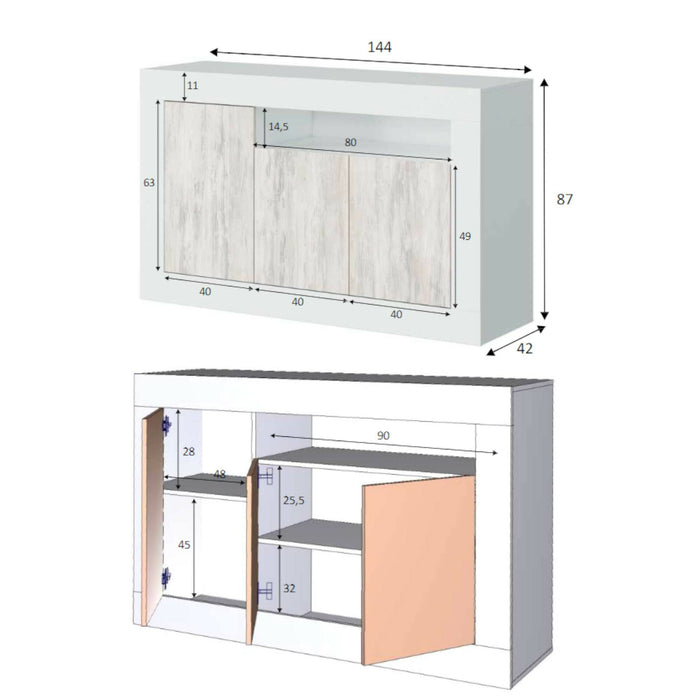 Credenza Thornton, Madia moderna a 3 ante, Buffet da soggiorno porta TV, cm 144x42h87, Bianco