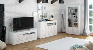 Credenza Thornton, Madia moderna a 3 ante, Buffet da soggiorno porta TV, cm 144x42h87, Bianco