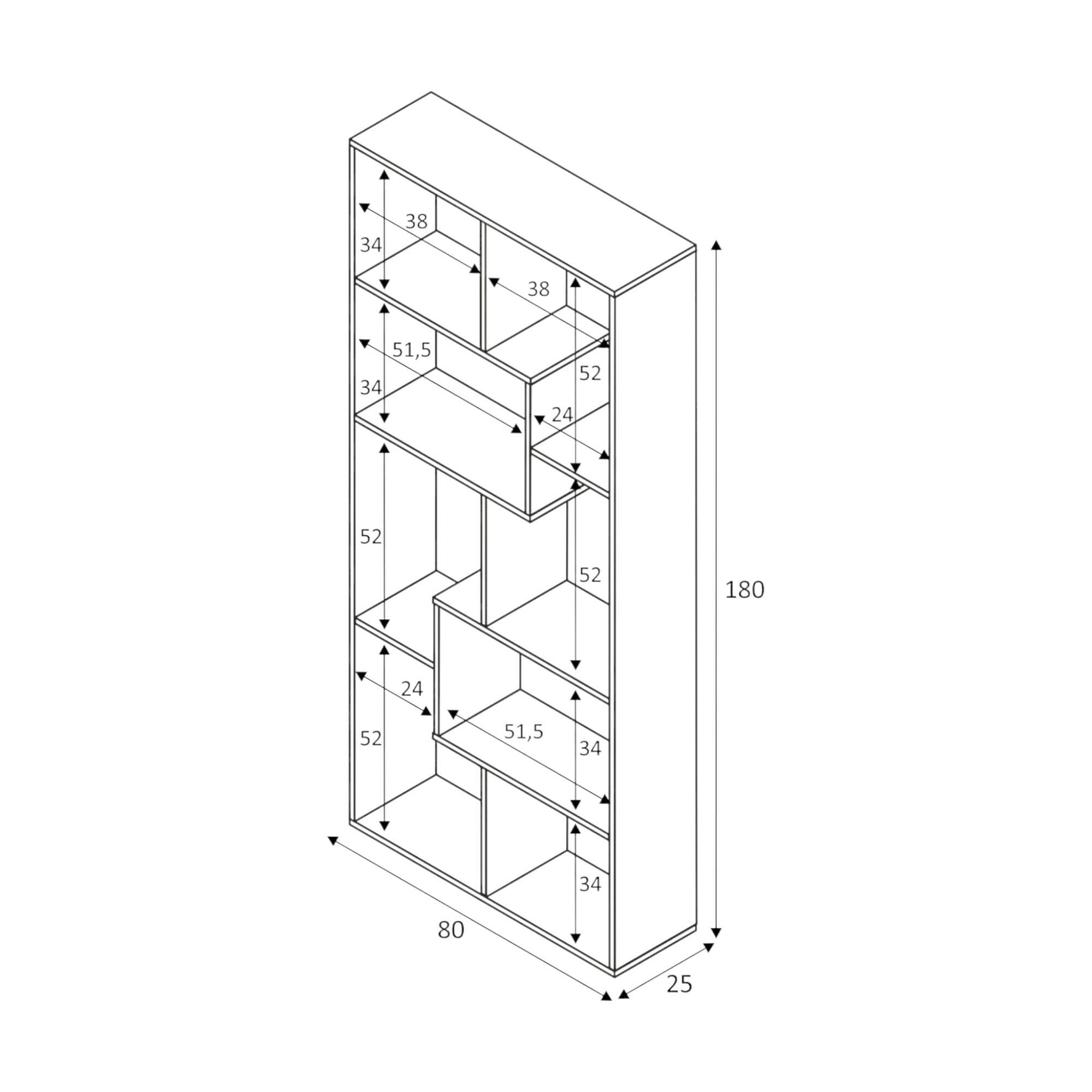 Libreria Fremont, Mobile portalibri multiposizione con 8 scomparti, Scaffale da ufficio, Scaffale divisorio per camera, cm 80x25h180, Bianco e Ossido